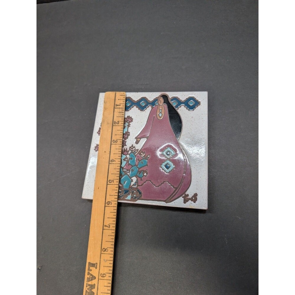 Earthtones Ceramic Tile Trivet Native American Woman Flowers 1990 -6" - Picture 3 of 3